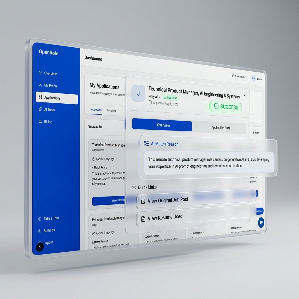 OpenRole application details modal preview showing AI match reason and application data