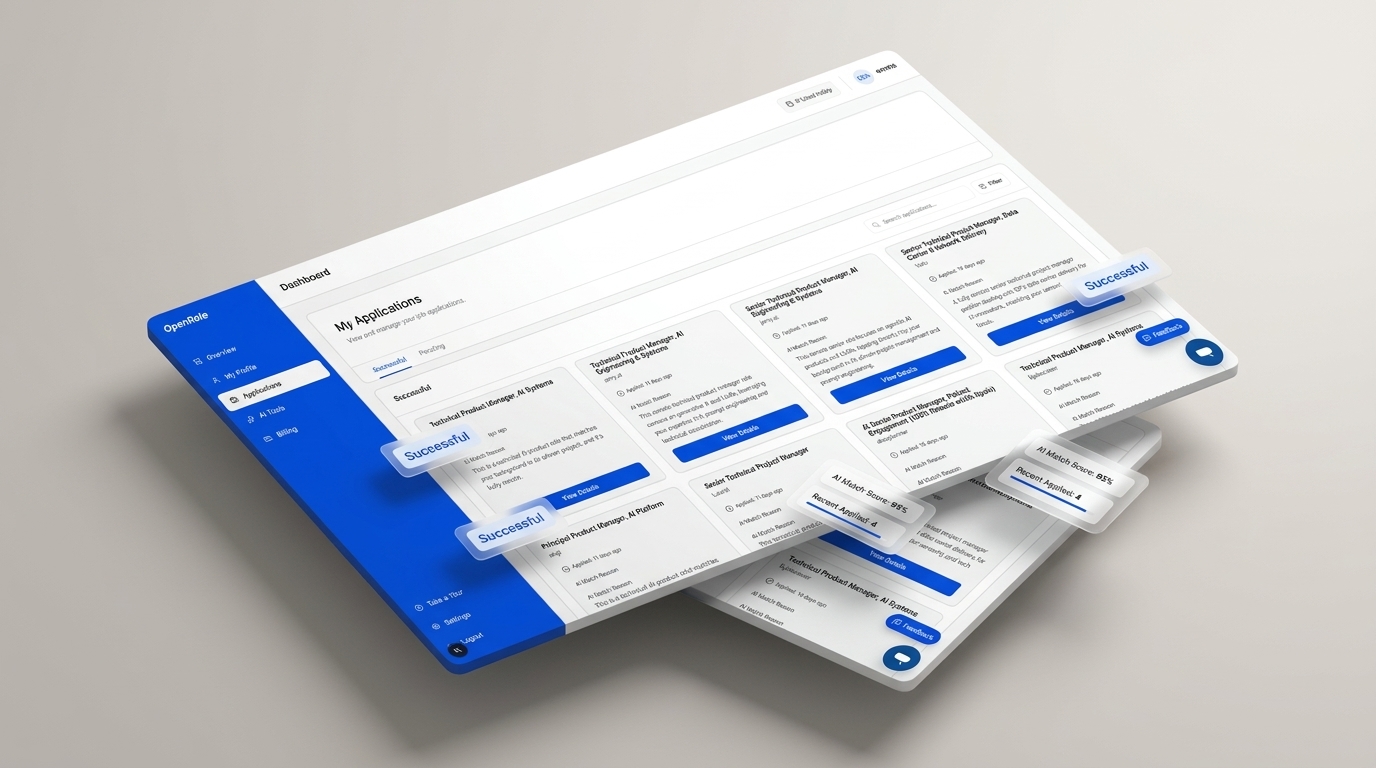 OpenRole candidate dashboard featuring application tracker cards and match scores